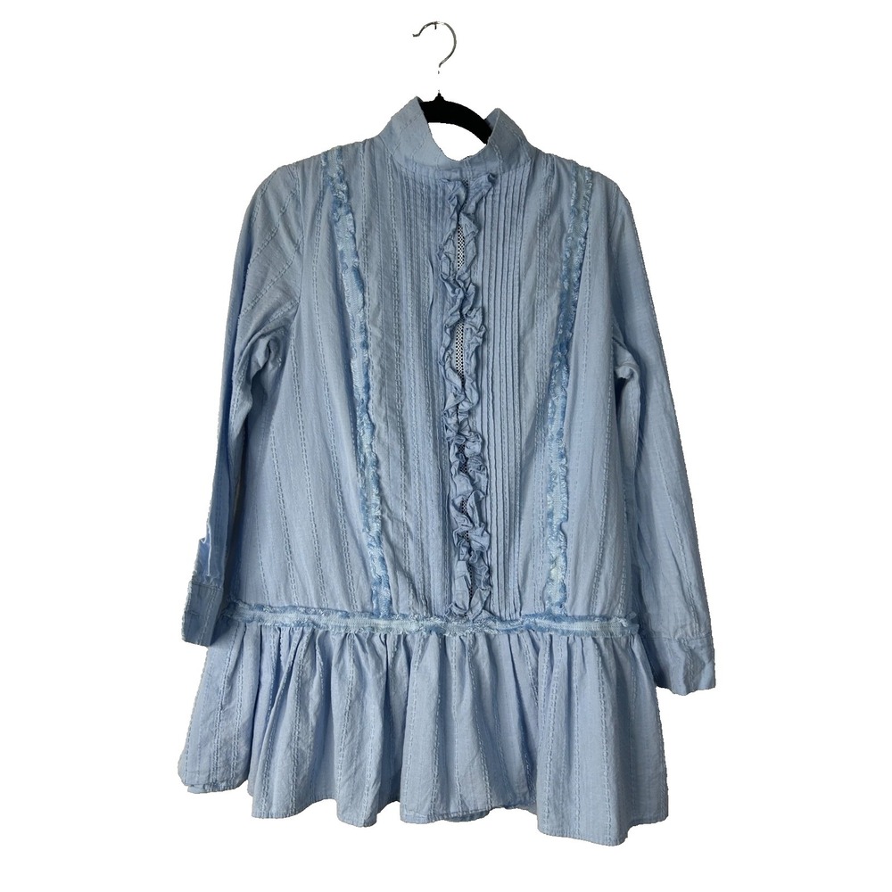 Area Stars‎ Sara Dress L Blue Sleeveless Drop Waist Pintuck Pleats Ruffled Trim